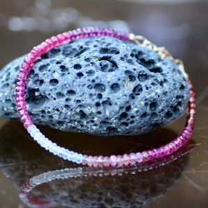 Natural Rubellite, Moonstone Pink Sapphire Bracelet Solid 14K Gold , 6.9" - 7.5"